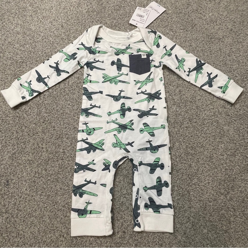 Sovereign Code White Green & Navy Airplane Print One-Piece Bodysuit